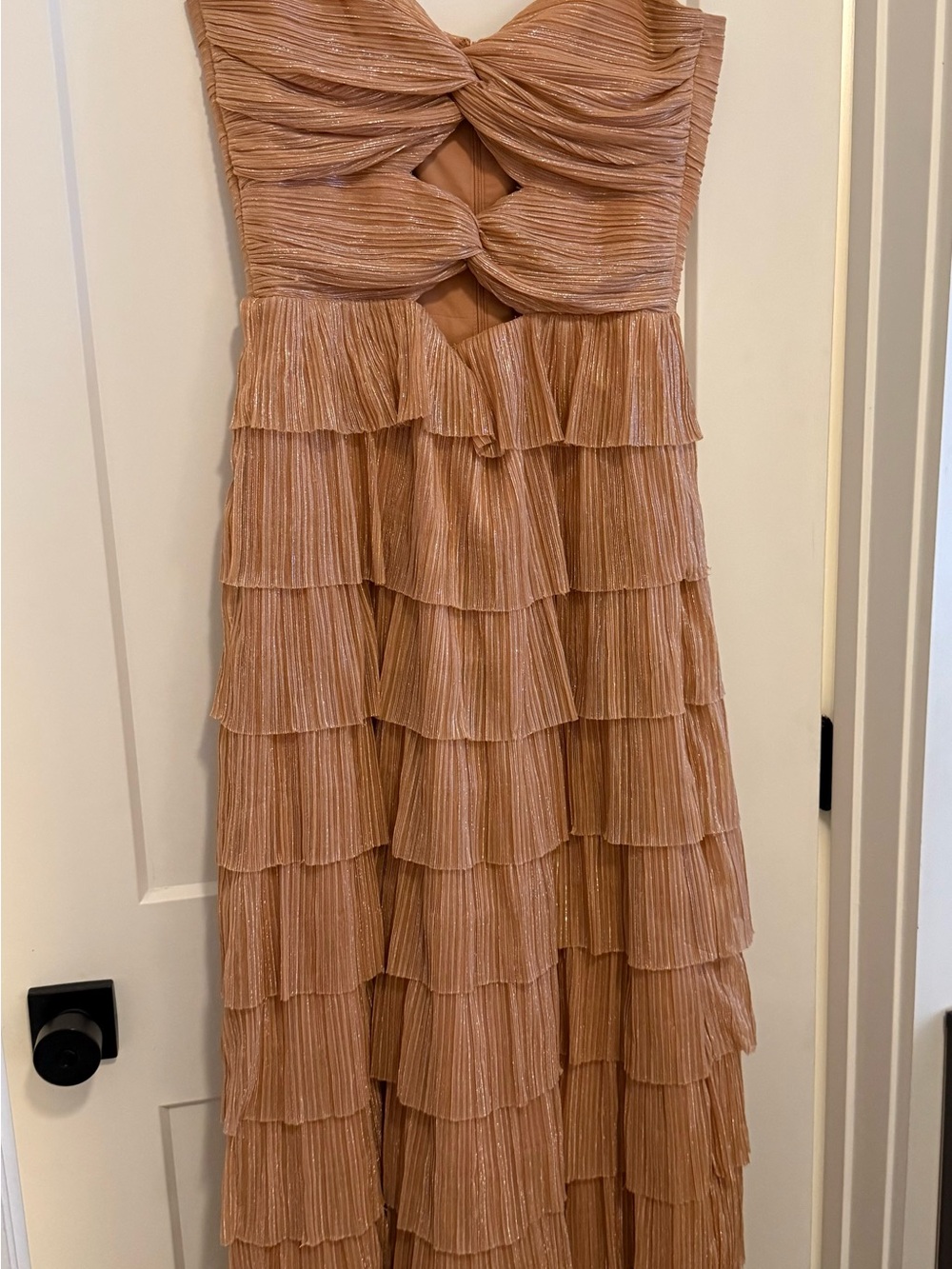 Gianni Bini Strapless Tiered Ruffle Dress in Gold Leaf